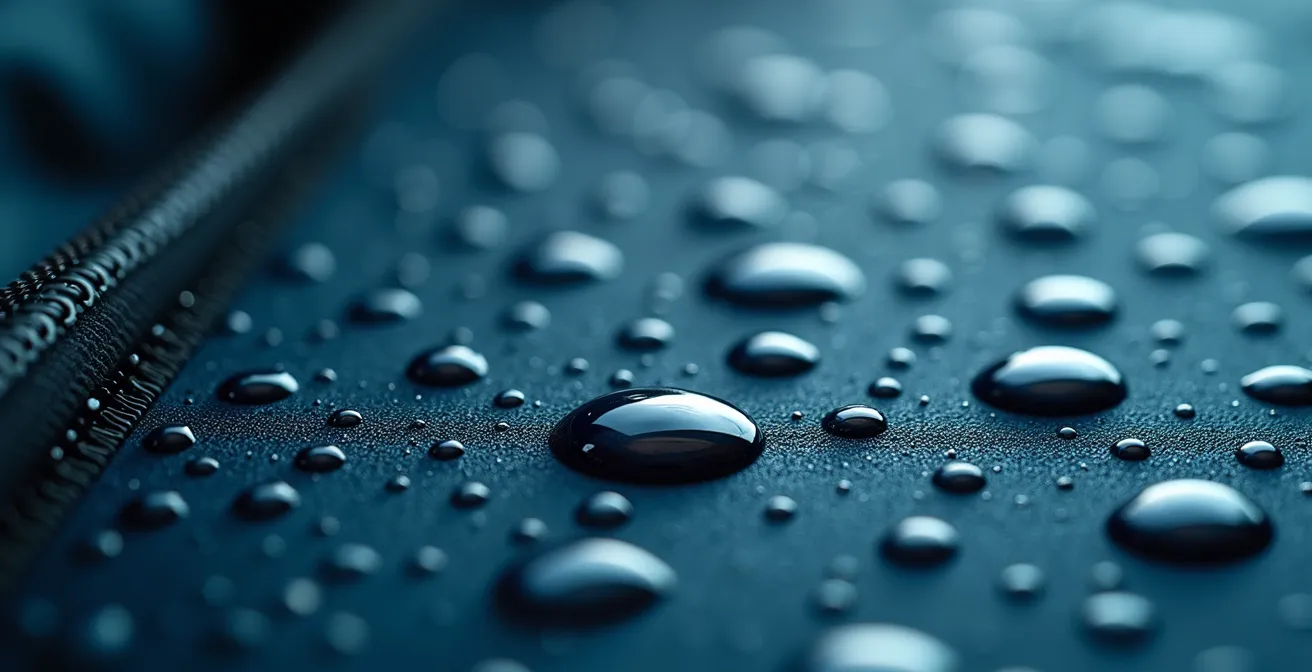 Macro shot of water beading on treated fabric surface showing DWR coating effectiveness