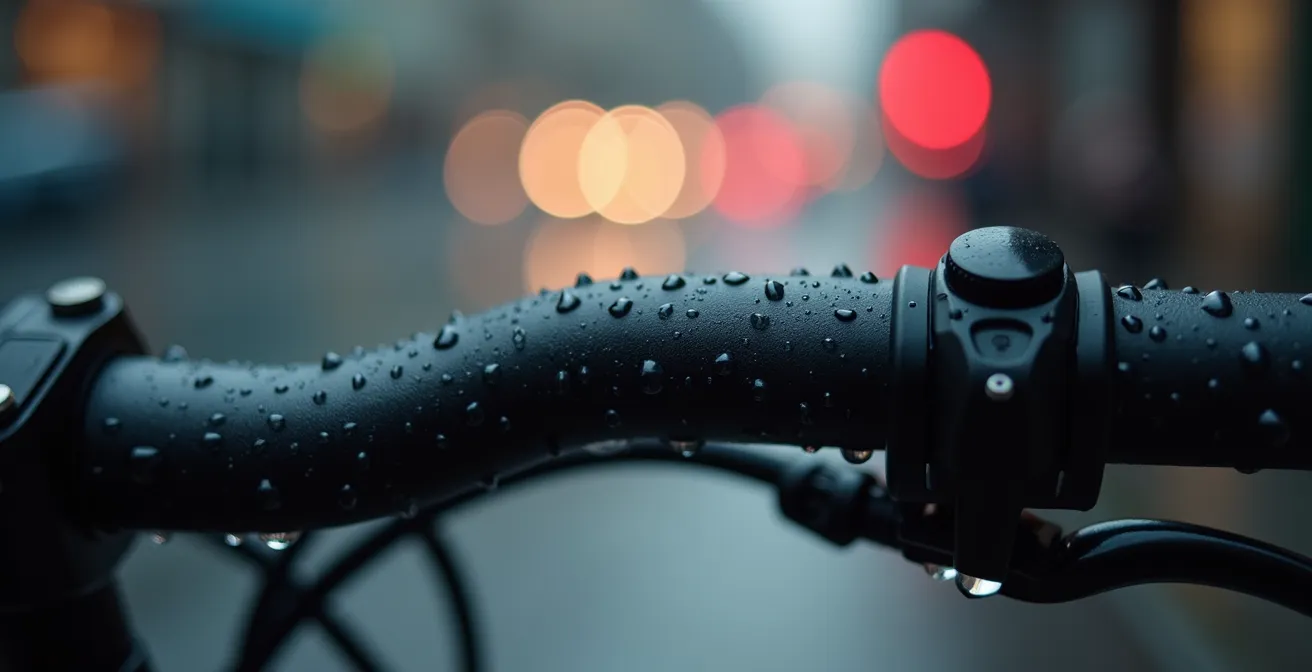 Macro shot of raindrops on bike handlebar with blurred city lights creating bokeh effect in background