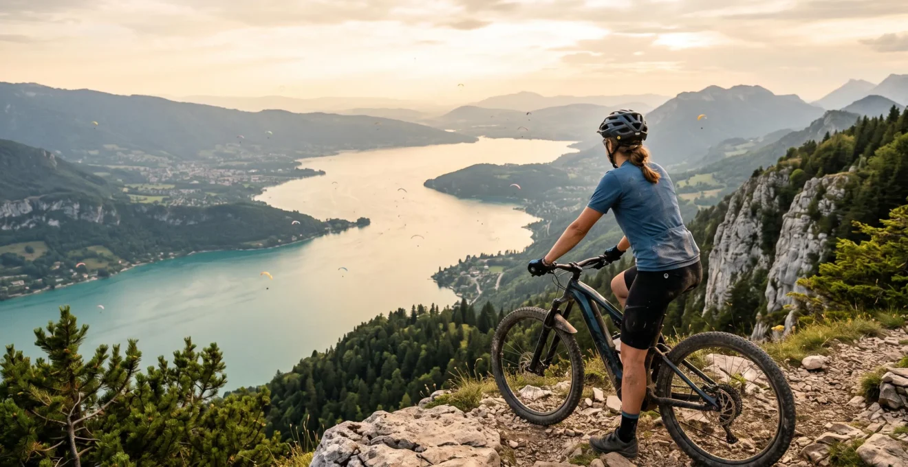 A woman standing with her electric bike at the Col de la Forclaz viewpoint overlooking Lake Annecy.