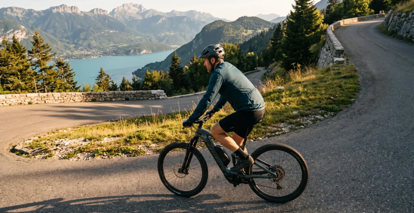 A cyclist riding an electric bike on a mountain road above Lake Annecy during golden hour, seen from behind.