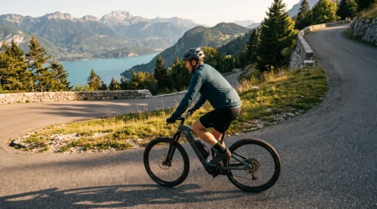 A cyclist riding an electric bike on a mountain road above Lake Annecy during golden hour, seen from behind.