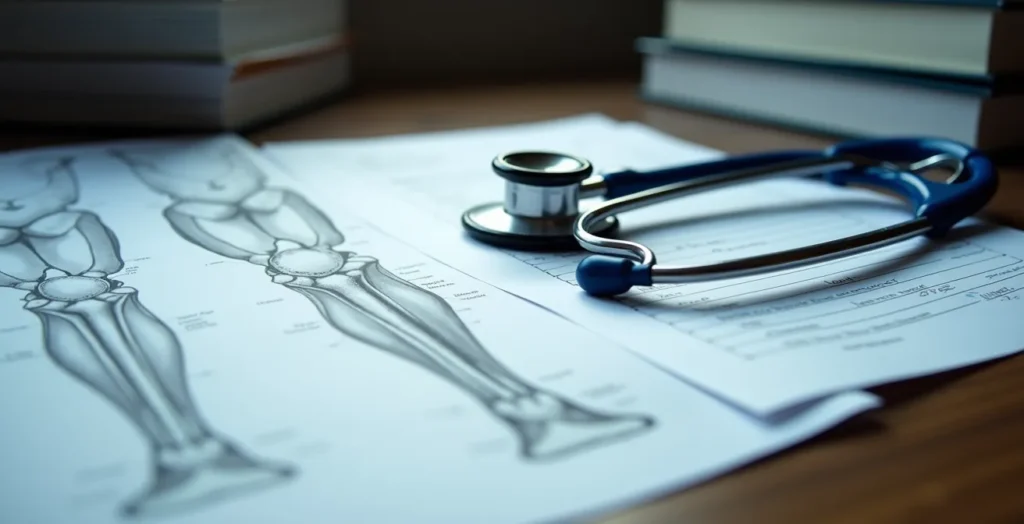 Medical prescription forms and documents for knee rehabilitation therapy laid out on desk Medical prescription forms and documents for knee rehabilitation therapy laid out on desk